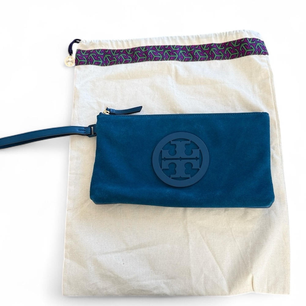 NEW Tory Burch Charlie Suede Wristlet Clutch Blue symphony